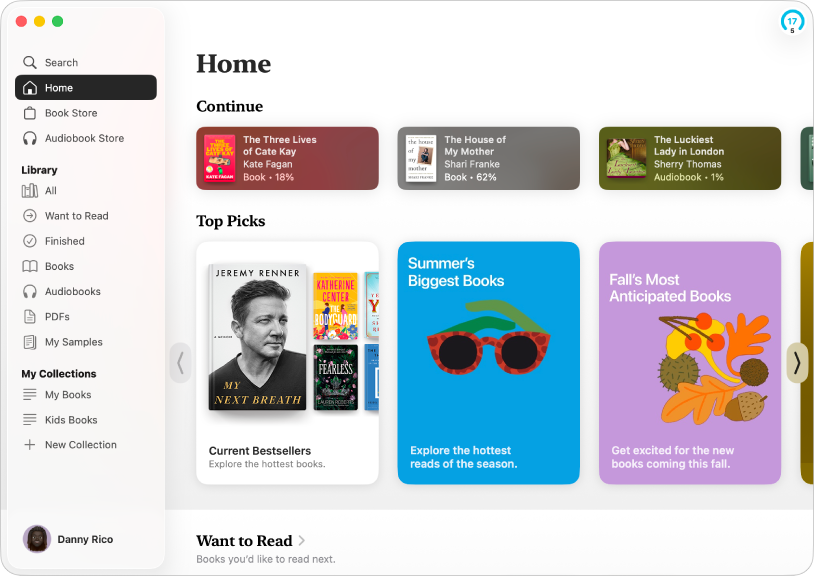 Tetingkap app Buku, yang menunjukkan Laman Utama dipilih dalam bar sisi dan bahagian Teruskan serta Pilihan Popular di sebelah kanan.