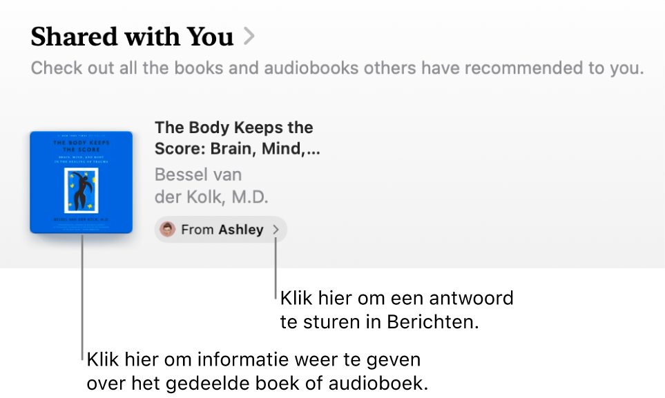 Een scherm met een boek in het gedeelte 'Gedeeld met jou'.