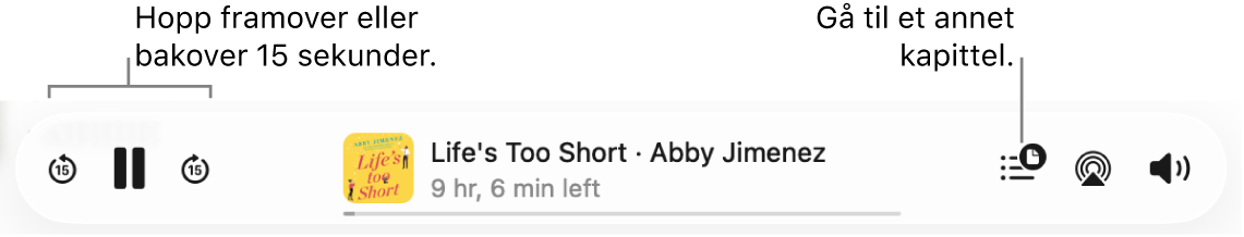 Lydbokavspilleren i Bøker-appen viser – fra venstre mot høyre – knappene Hopp tilbake, Pause og Hopp fram, tittelen på og forfatteren av lydboken som spilles av, Innholdsfortegnelse-knappen, AirPlay-knappen og Volum-knappen.