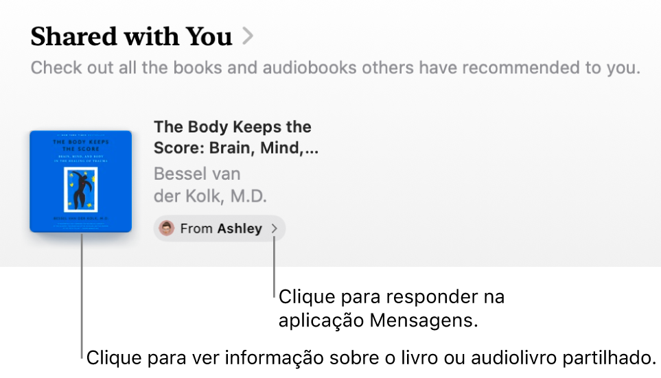 Um ecrã a mostrar um livro na secção “Partilhado consigo”.