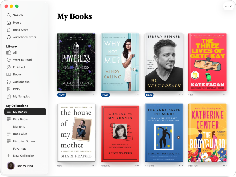 V okne apky Knihy je na postrannom paneli vybraná položka Moje knihy a vpravo sa zobrazuje zbierka kníh vybraných užívateľom.