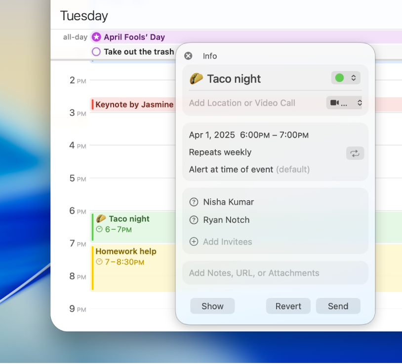 Informační okno události se seznamem pozvaných osob