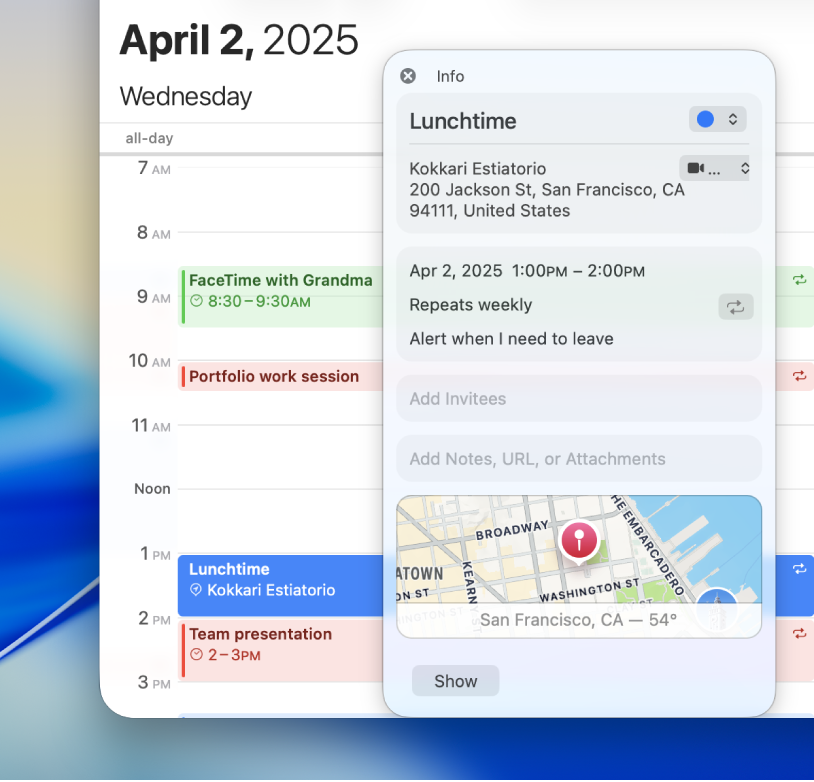 Das Infofenster in der App „Kalender“ zeigt die Einzelheiten eines Ereignisses, einschließlich Adresse, Datum und einer Karte zusammen mit Bereichen für Notizen, URLs und Anhänge.