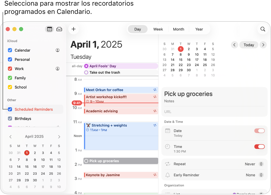 Una ventana de la app Calendario en la vista Día mostrando la lista de calendarios y la casilla Recordatorios programados seleccionada. La vista Día muestra eventos y recordatorios programados con el área para agregar recordatorios a la derecha.