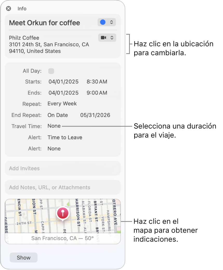 Ventana de información de un evento que muestra la ubicación del evento en un mapa.