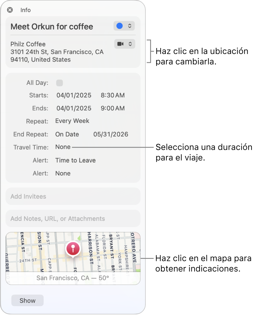 Ventana de información de un evento con la ubicación del evento en un mapa.