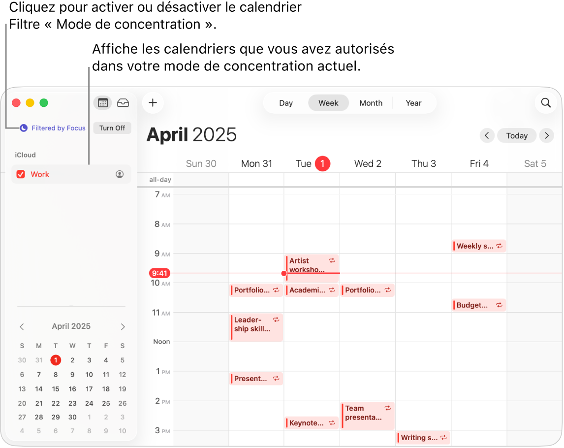 Une fenêtre Calendrier en présentation Semaine affichant uniquement le calendrier professionnel dans la barre latérale après que le mode de concentration Travail a été activé.
