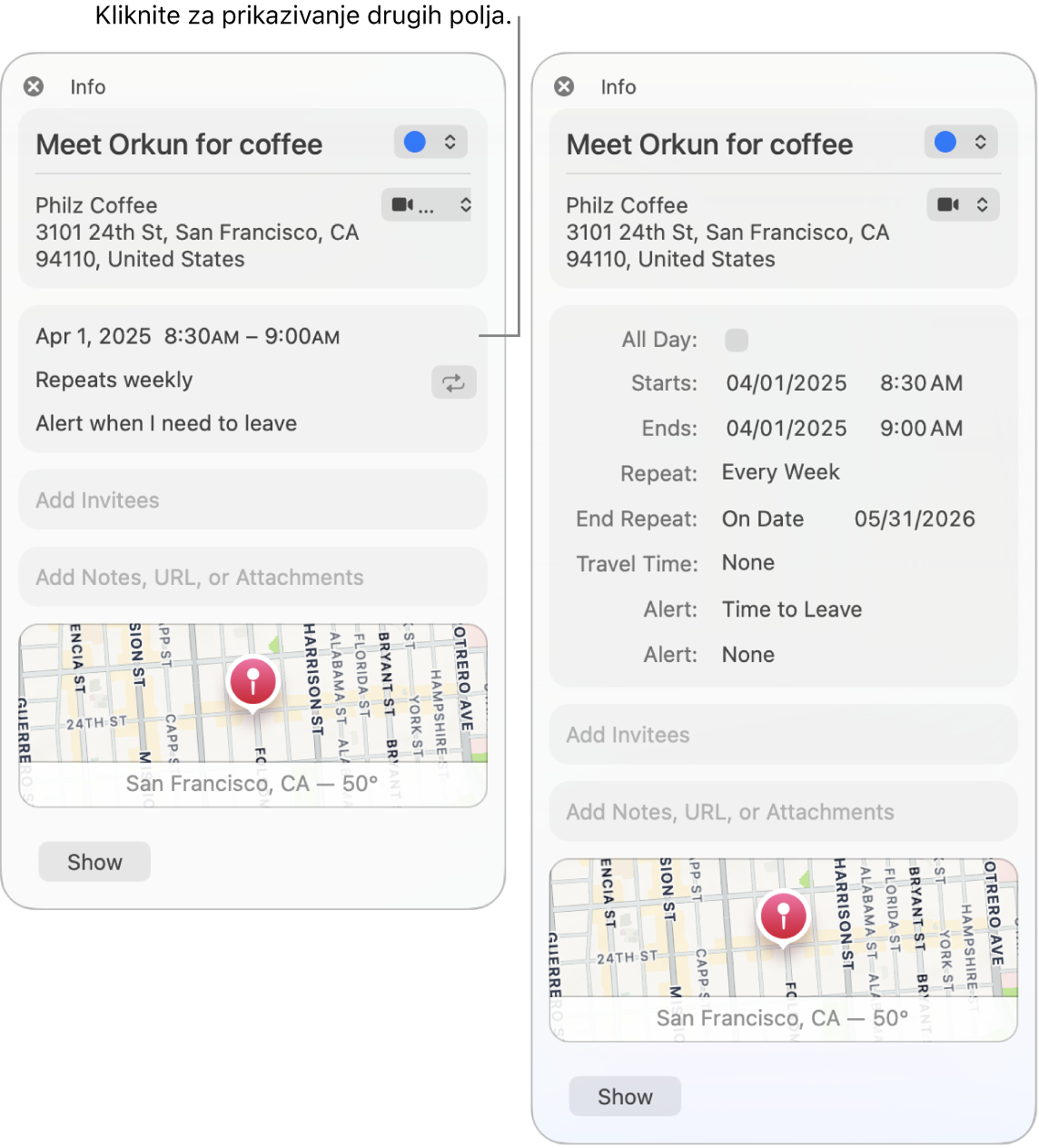 Prozor s informacijama za događaj sa skrivenim detaljima (na lijevoj strani) i prozor s informacijama za isti događaj s prikazanim informacijama o trajanju (na desnoj strani).