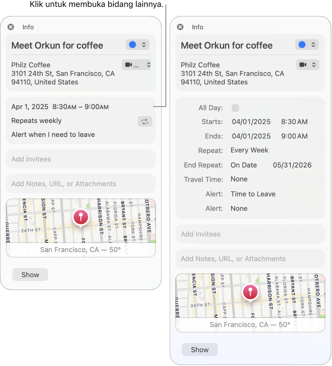 Gambar di sebelah kiri menampilkan jendela Info yang tidak diperluas untuk acara. Di sebelah kanan, jendela Info untuk acara yang sama diperluas untuk menampilkan bidang tambahan, seperti waktu mulai, berakhir, berulang, dan perjalanan.