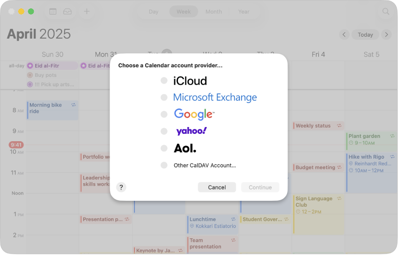 Una finestra di Calendario che mostra la finestra di dialogo dell’account.