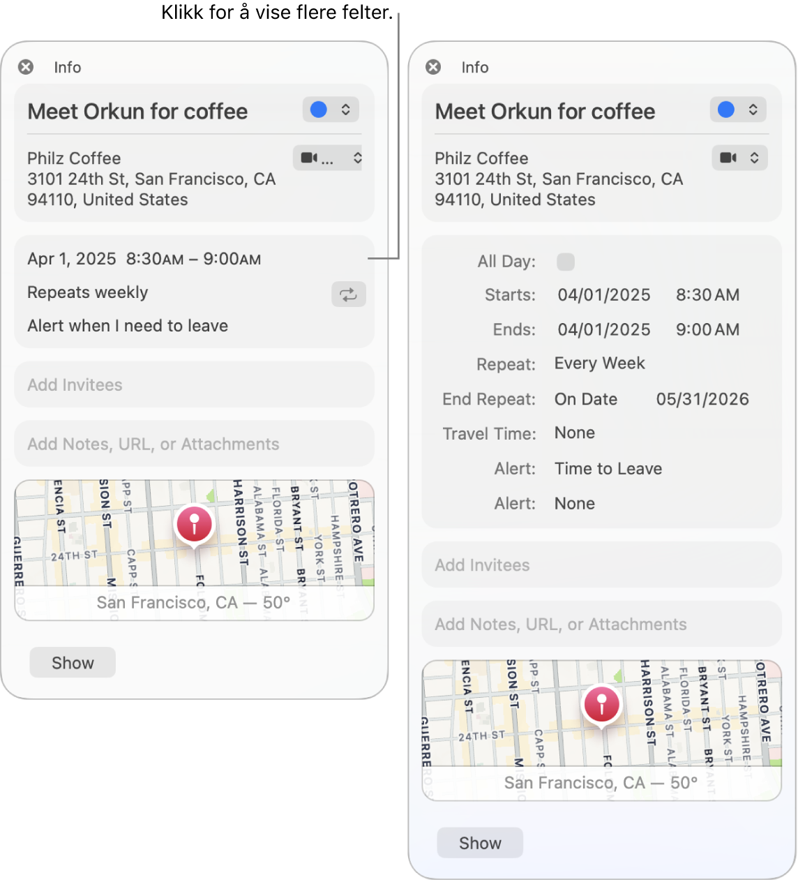 Bildet til venstre viser et Info-vindu for en hendelse som ikke er utvidet. Til høyre er Info-vinduet for samme hendelse utvidet og viser ytterligere felt for starter, slutter, gjenta og reisetid.