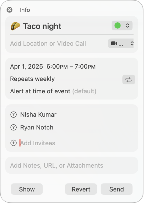 Okno informacji o wydarzeniu z widoczną tylko listą zaproszonych osób.