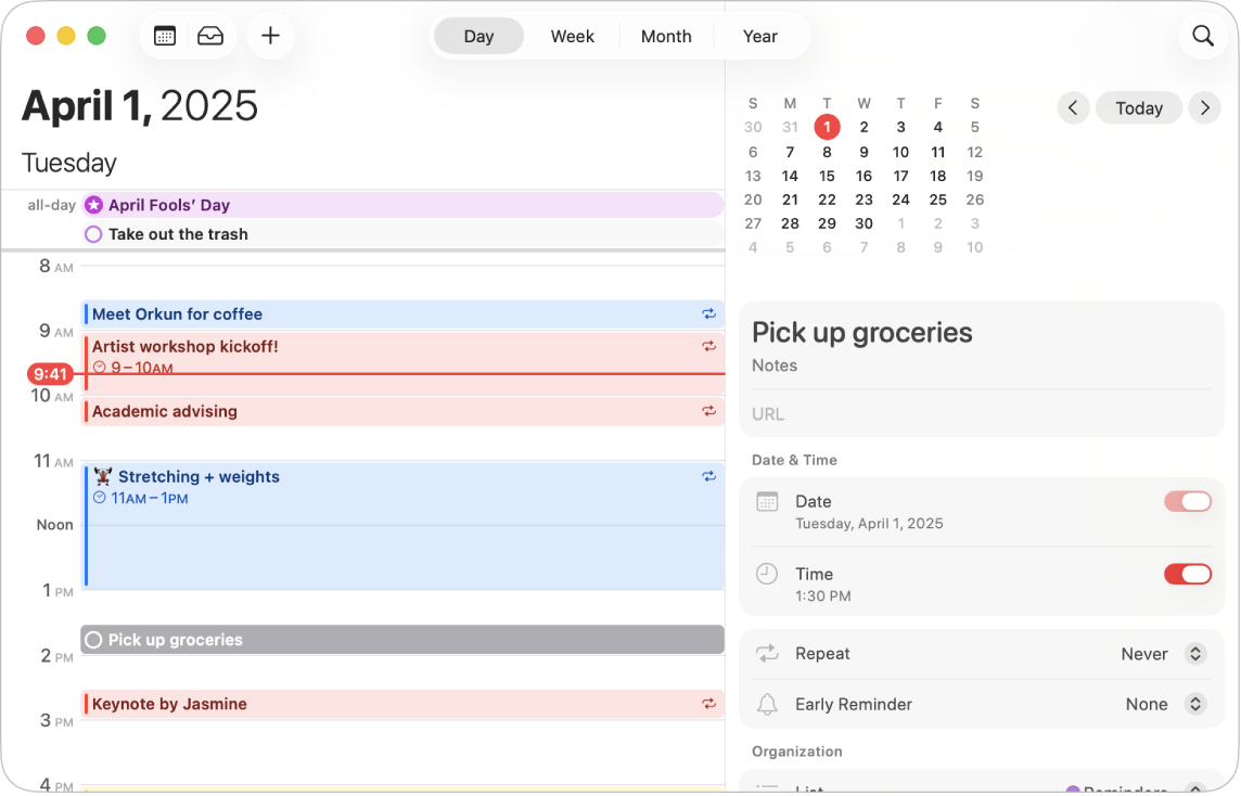 O fereastră Calendar în vizualizarea Zi prezentând evenimente, un memento programat și zona de adăugare a mementourilor în dreapta.