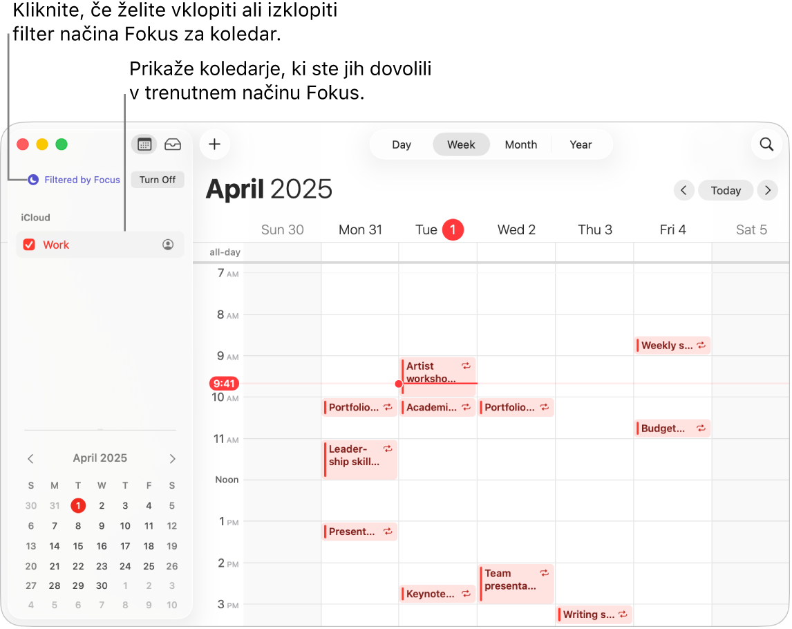Okno Koledar v pogledu Teden prikazuje le koledar Služba v stranski vrstici po vklopu fokusa Služba.