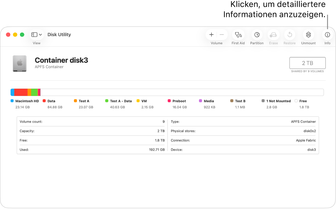 Ein Fenster des Festplattendienstprogramms mit einem ausgewählten Speichergerät und Informationen zu dem Gerät.