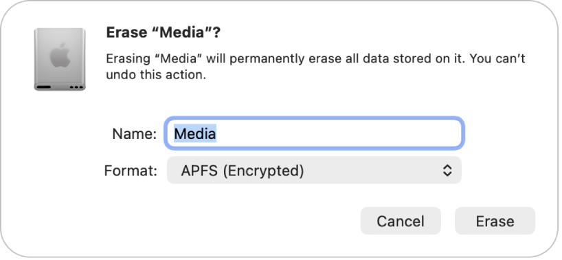 A Disk Utility window showing the Erase dialog being set up to reformat an external drive with an APFS encrypted format.