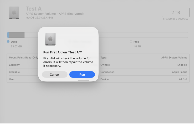 A Disk Utility window showing the First Aid confirmation dialogue.