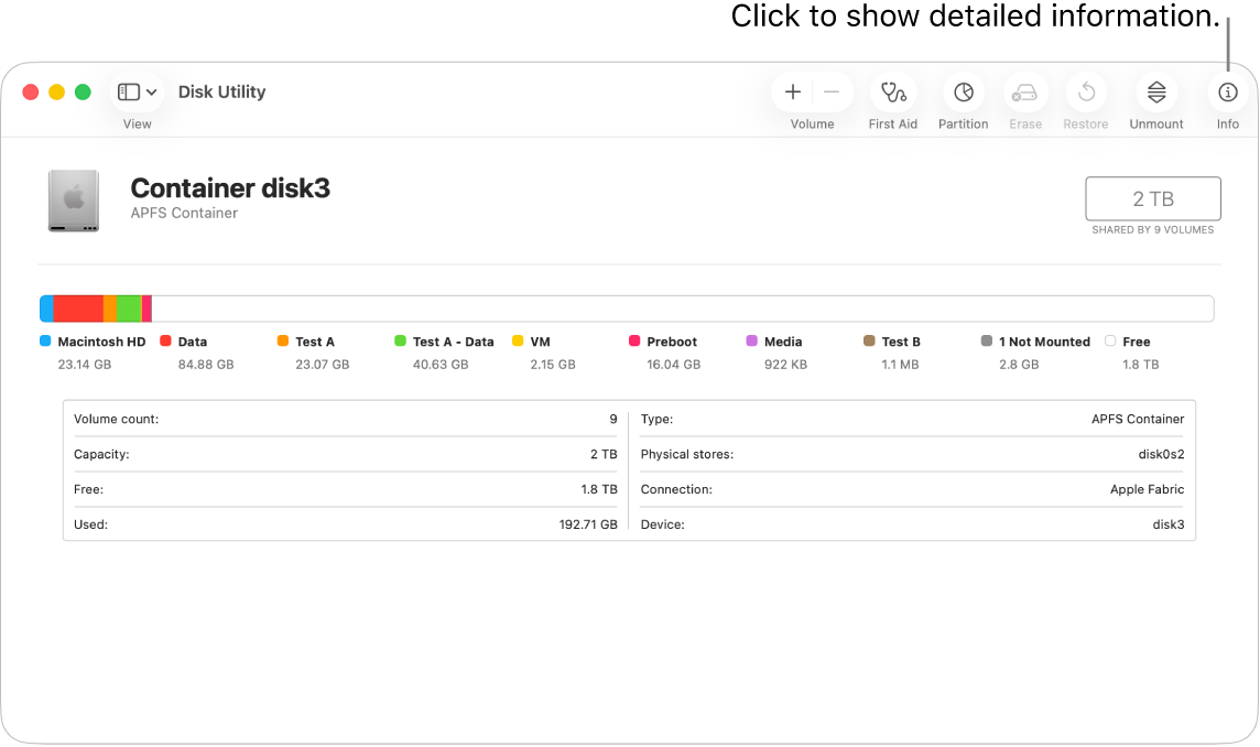 A Disk Utility window showing a storage device and information about the device.