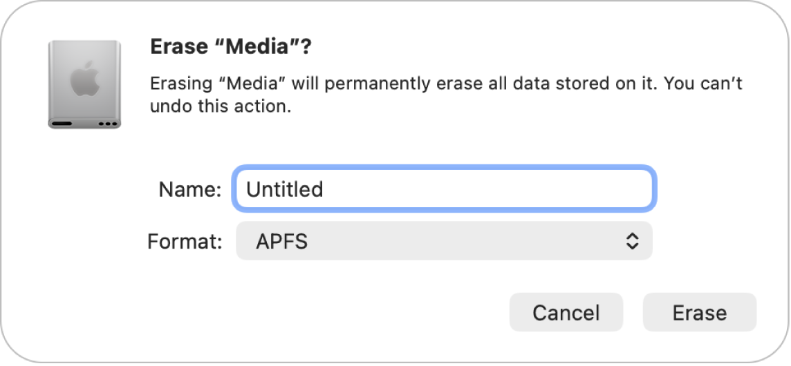 The Erase dialogue showing the name and format fields.