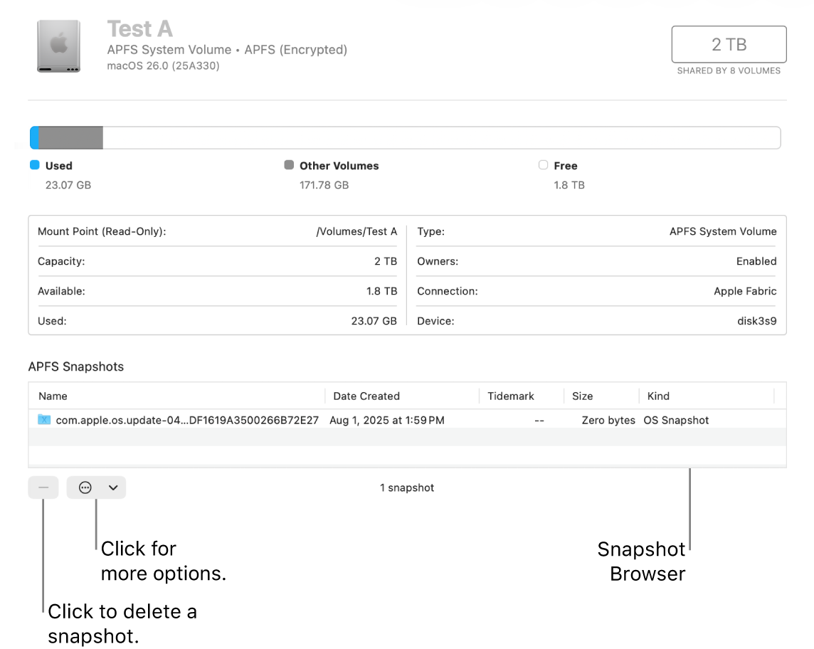 A Disk Utility window showing the snapshot browser.
