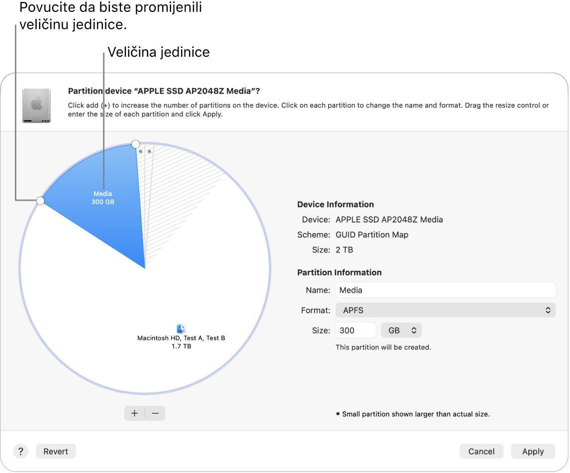 Prozor Particija s prikazom fizičkog diska s nekoliko particija.