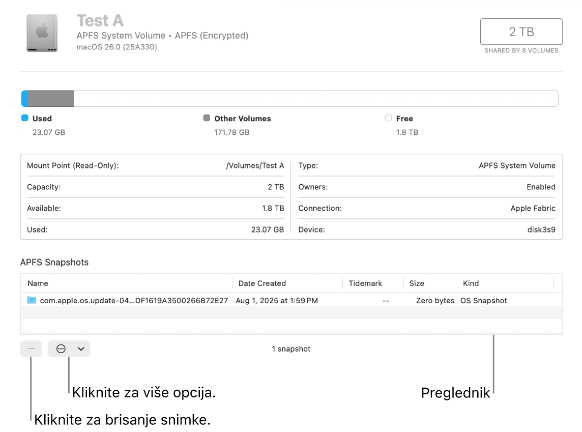 Prozor Uslužnog programa diska s prikazom preglednika snimki stanja.