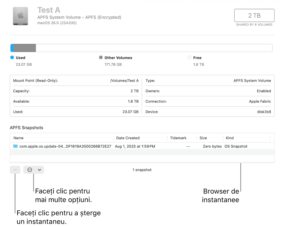 O fereastră Utilitar disc, afișând browserul de instantanee.