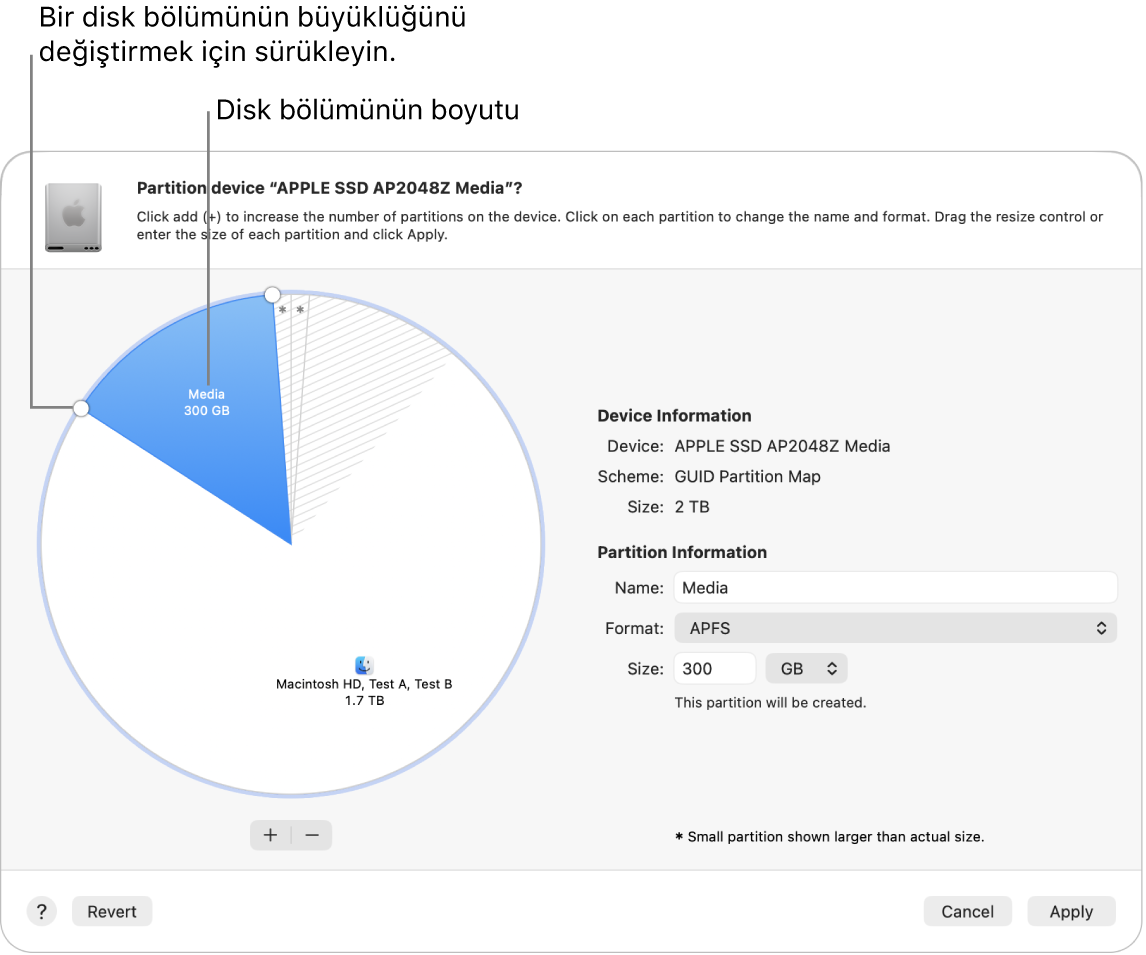 Birden çok bölüntüye sahip fiziksel bir diski gösteren Bölüntüler penceresi.