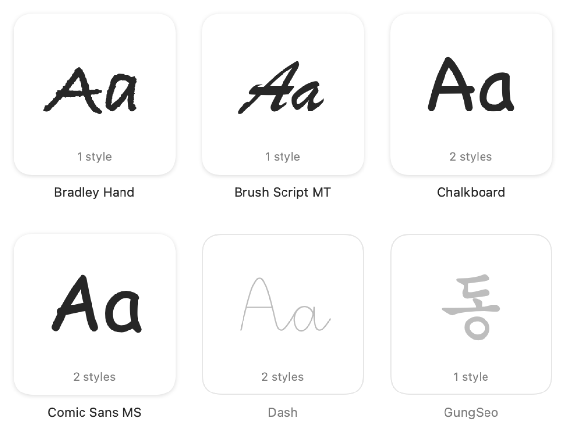 Prozor Knjige fontova koji prikazuje korisnički instalirani font.