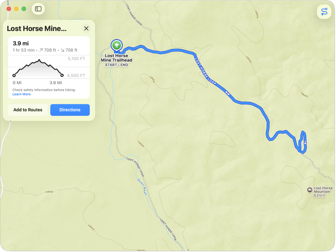 A hiking map, showing its length (in distance and time) and altitude gain and loss.