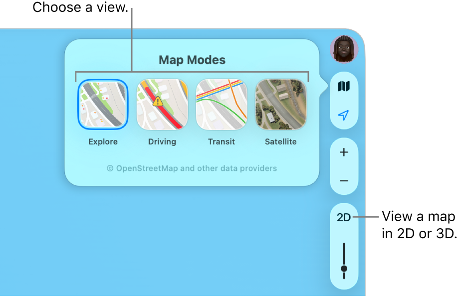 The Map button has been clicked and four map views are available: Explore, Driving, Public Transport and Satellite.