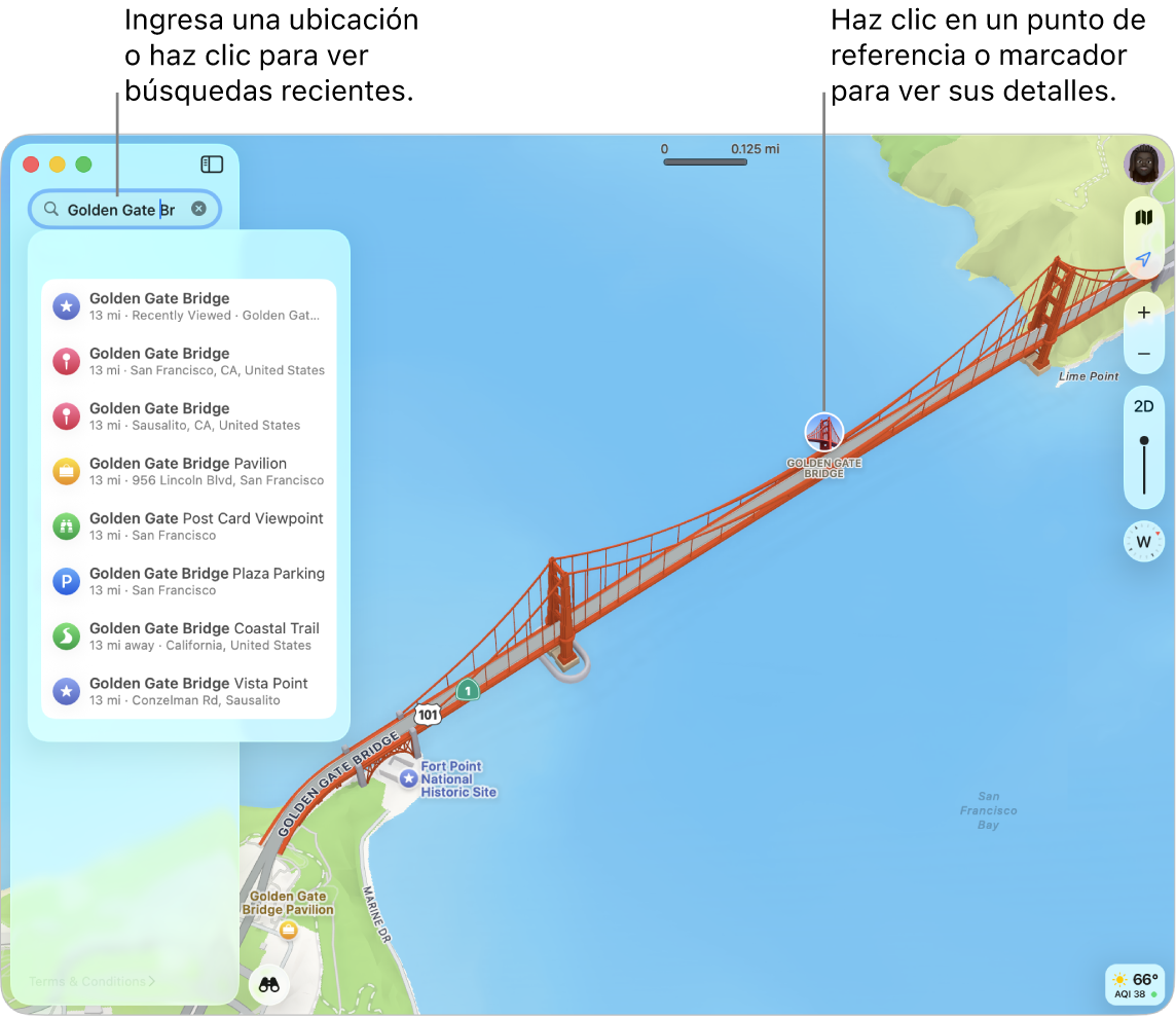 Ingresa la ubicación en el campo de búsqueda o haz clic en ella para ver las búsquedas recientes. Haz clic en un punto de referencia o marcador para ver información.