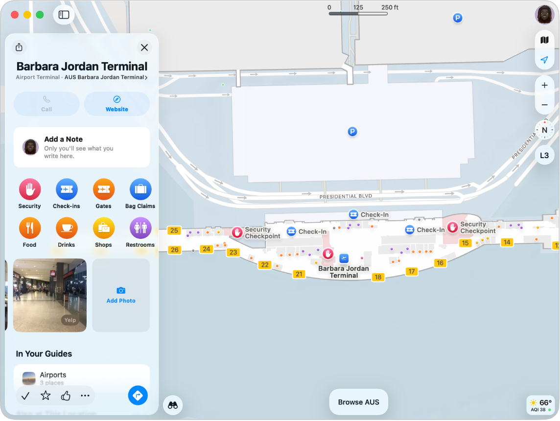 Un mapa que muestra el interior del Aeropuerto de Austin.