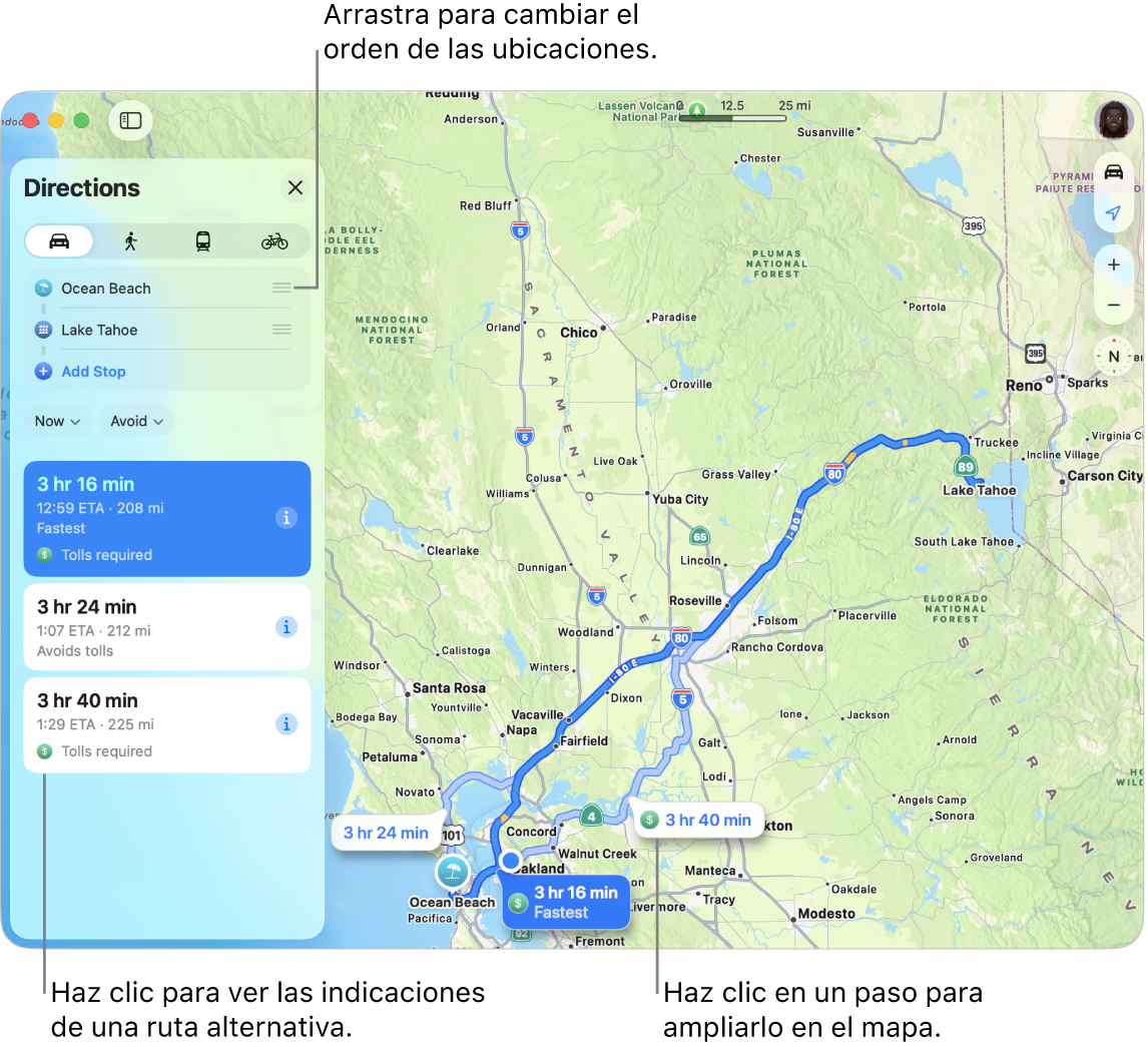 Un mapa del área de San Francisco con indicaciones para llegar de un sitio a otro en coche. El mapa también muestra rutas alternativas.