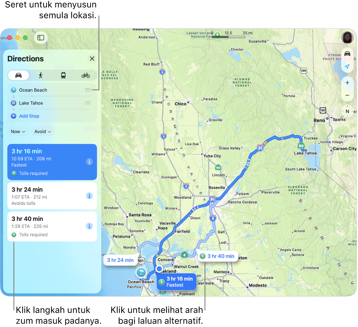 Peta kawasan San Francisco dengan arah untuk laluan memandu antara dua lokasi. Laluan alternatif juga ditunjukkan pada peta.