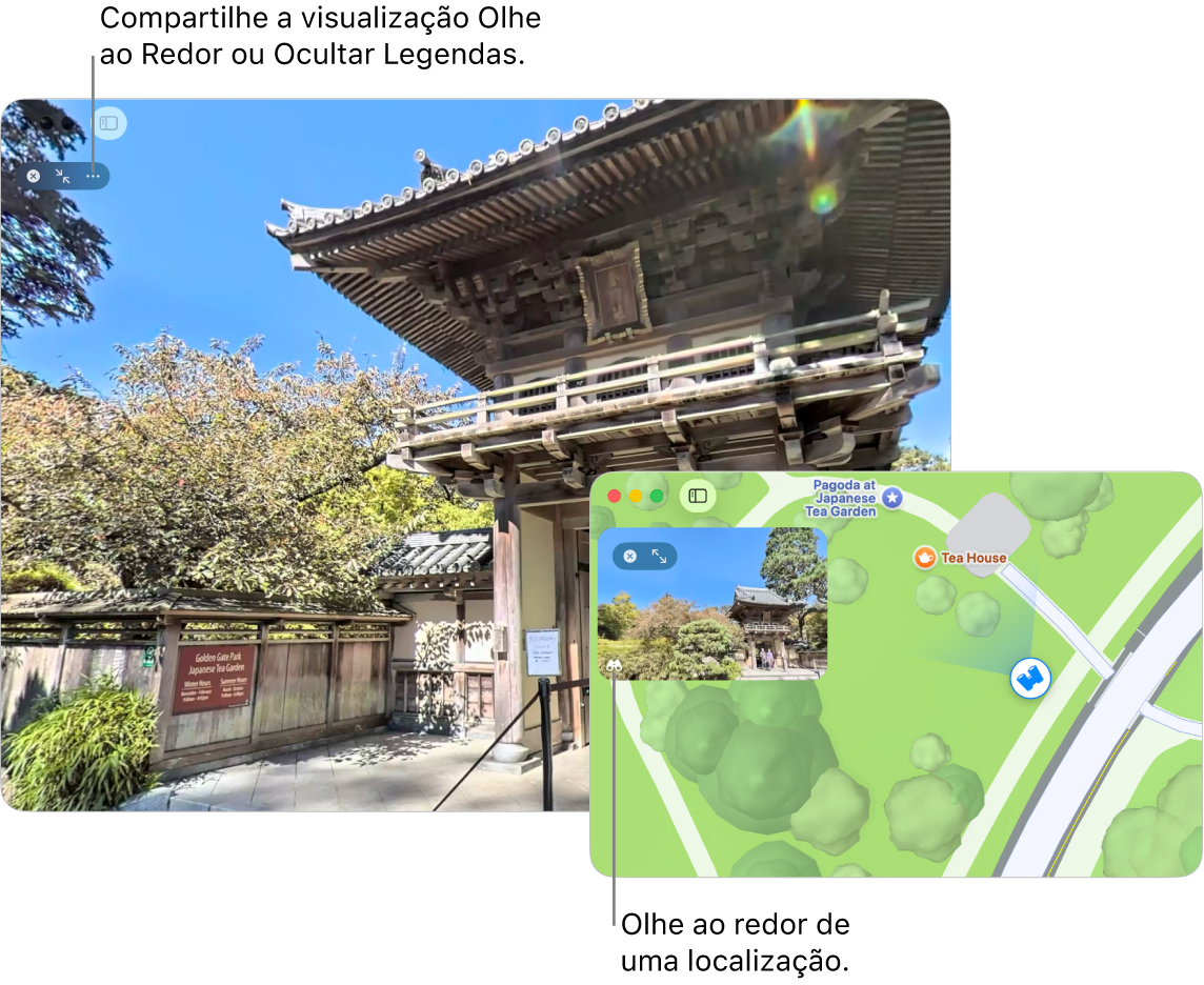 Uma vista interativa em 360 graus de uma atração local em San Francisco, com um mapa 3D no canto inferior direito.