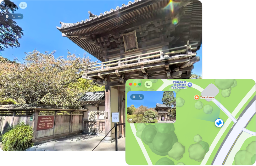 Interaktivni 360-stopinjski prikaz lokalnih znamenitosti San Francisca s 3D-zemljevidom v spodnjem desnem kotu.