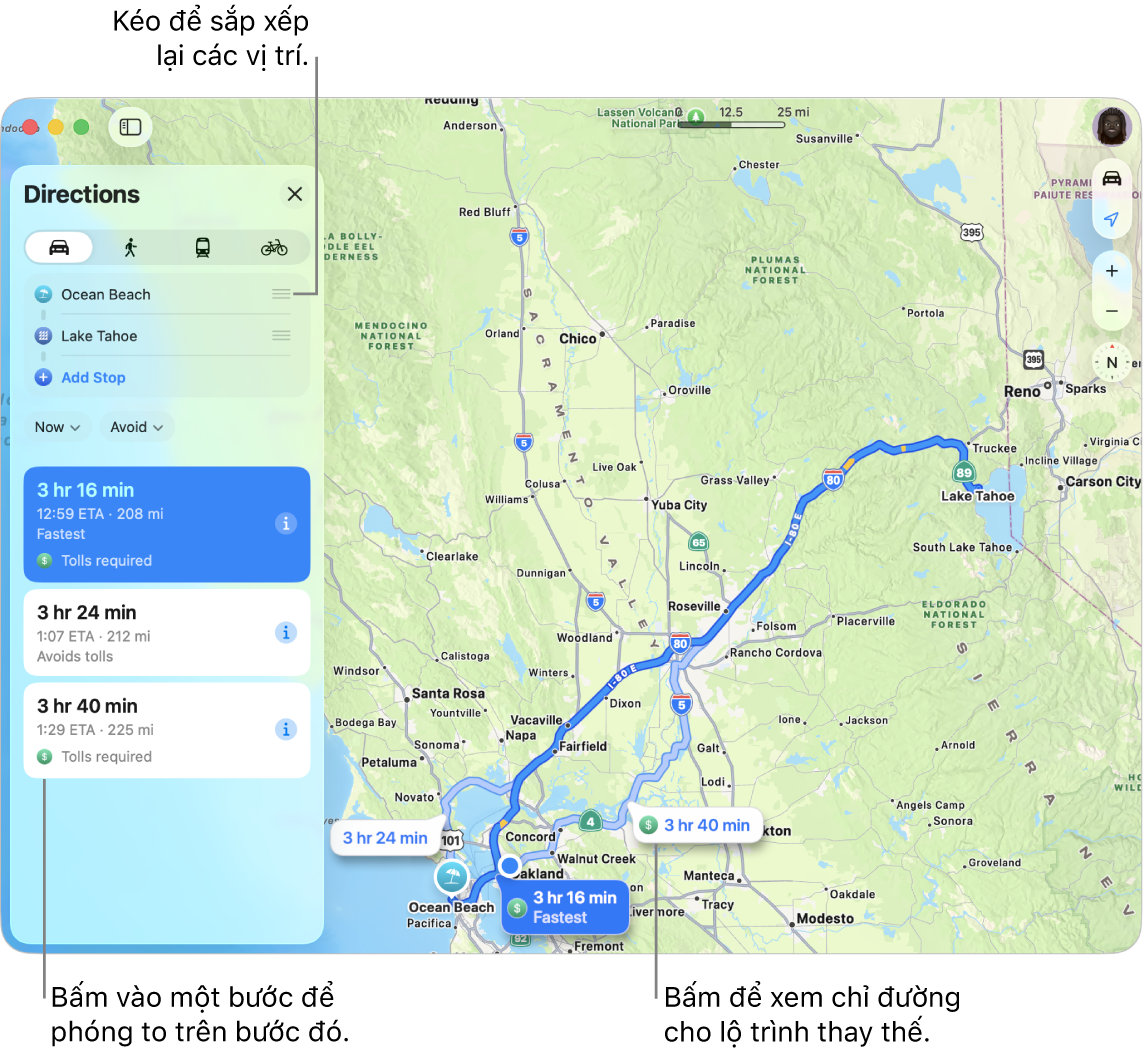 Bản đồ khu vực San Francisco với các chỉ đường cho một lộ trình lái xe giữa hai vị trí. Các lộ trình thay thế cũng được hiển thị trên bản đồ.