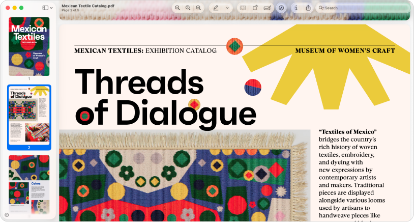 Una finestra de l’app Previsualització en què hi ha un arxiu PDF amb miniatures de pàgina a l’esquerra.