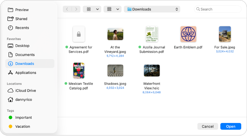 Το πλαίσιο διαλόγου «Άνοιγμα αρχείου» στην εφαρμογή «Προεπισκόπηση», το οποίο εμφανίζει αρχεία PDF και εικόνας ως εικονίδια. Κάτω δεξιά βρίσκονται τα κουμπιά «Ακύρωση» και «Άνοιγμα».