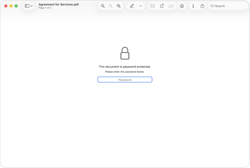 Un PDF protetto da password che mostra l’icona di un lucchetto e un campo di testo per inserire la password e aprire il file.