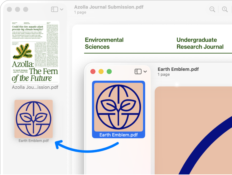 Miniaturka strony jest przeciągana z paska bocznego jednego dokumentu PDF do paska bocznego innego dokumentu.