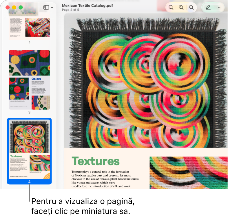 Un PDF cu miniaturi afișate în bara laterală.
