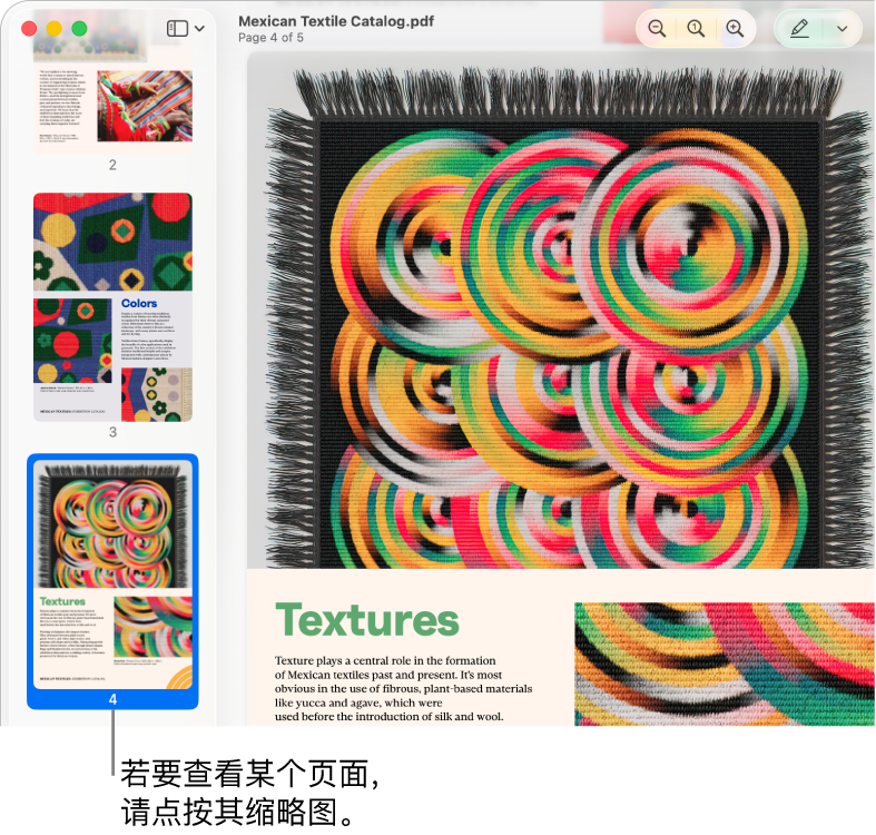 带缩略图的 PDF 显示在边栏中。