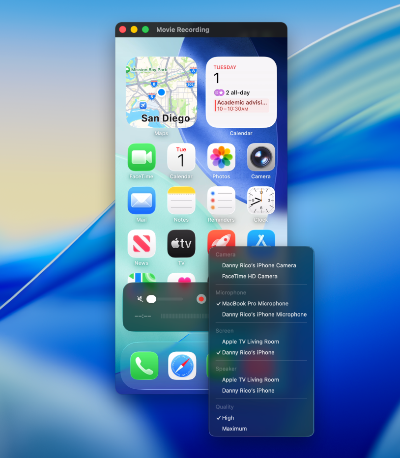 The QuickTime Player window on Mac while recording using an iPhone.