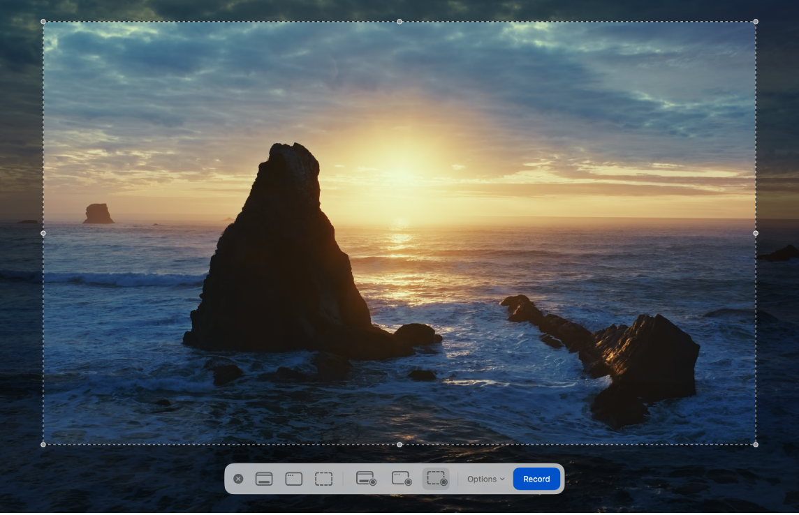 On the Mac desktop, the screen recording options are showing at the bottom of the screen, and a portion of the screen has been selected for recording.