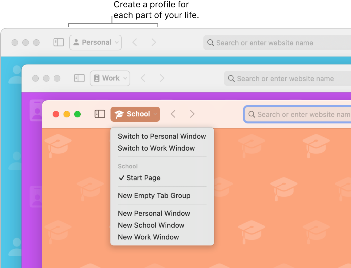 Three Safari profile windows: one for personal use, one for work, and one for school.