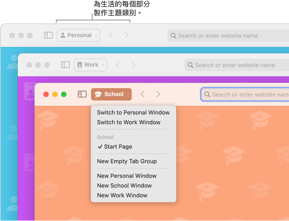 三個 Safari 主題類別視窗:一個用於個人,一個用於公司,另一個用於學校。