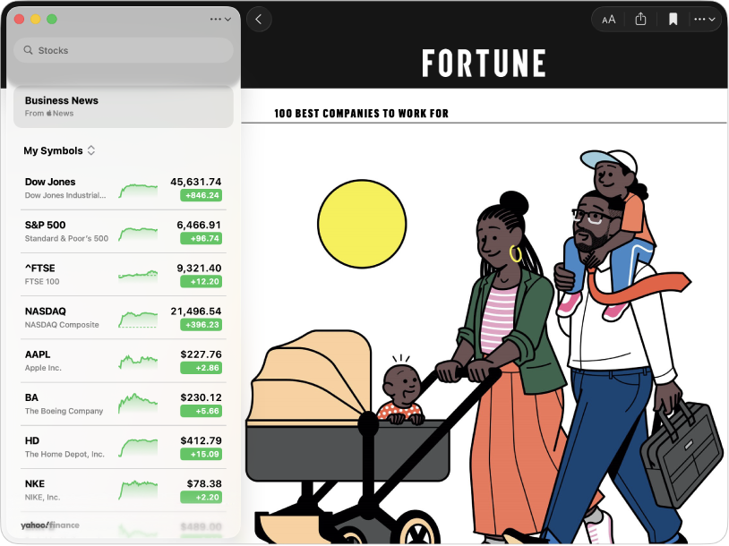 A Stocks window showing a top business news story.