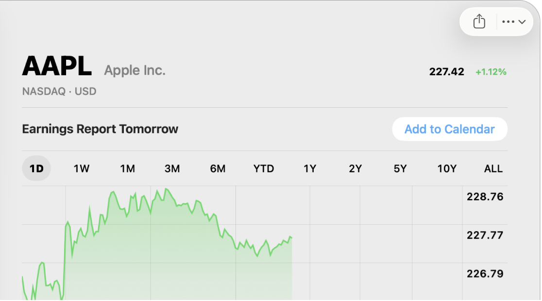 Fenêtre Bourse avec un bouton permettant d’ajouter un rapport de bénéfices à venir à Calendrier.